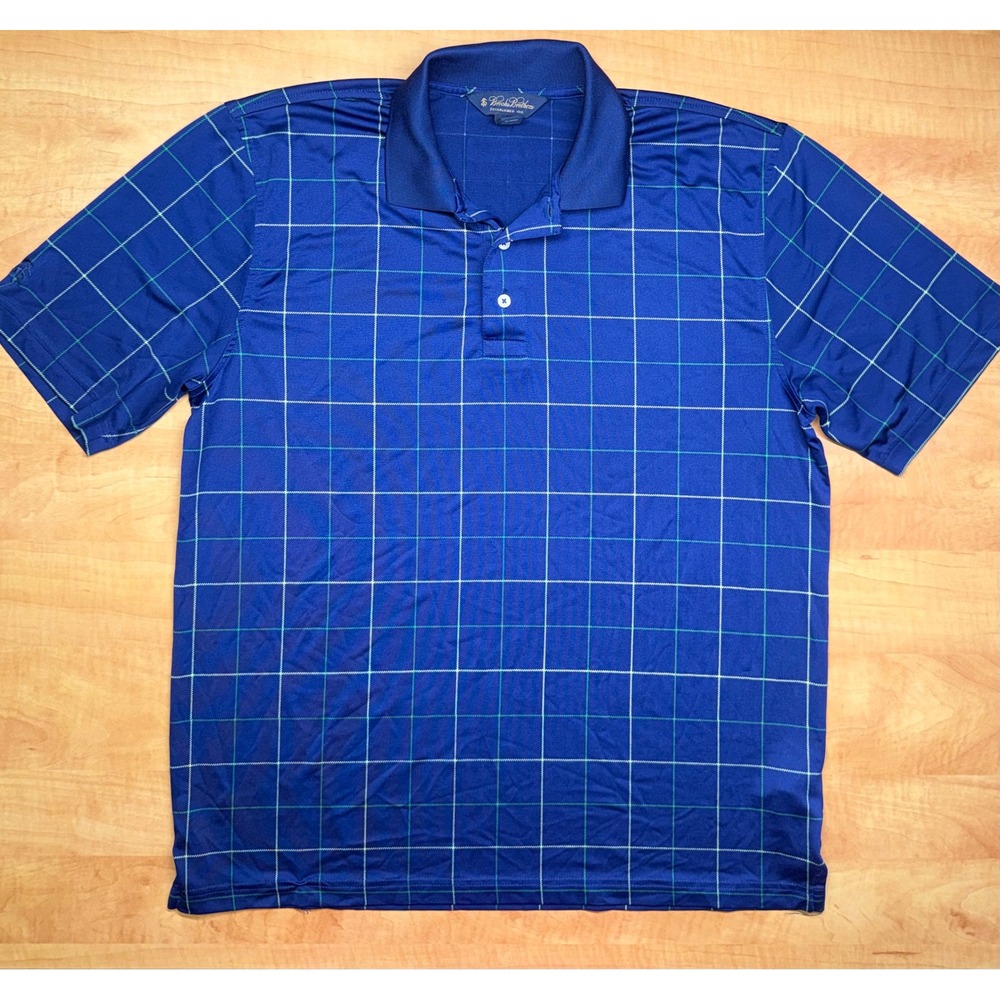Brooks Brothers Mens Blue Windowpane Performance Polo Shirt Large Golf Stretch